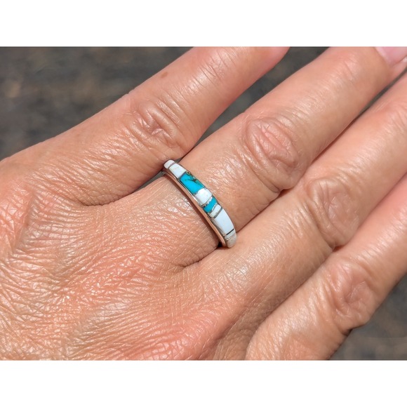 Navajo Handmade Silver Ring w Turquoise‎ Signed Native American Jewelry 7.75 *
